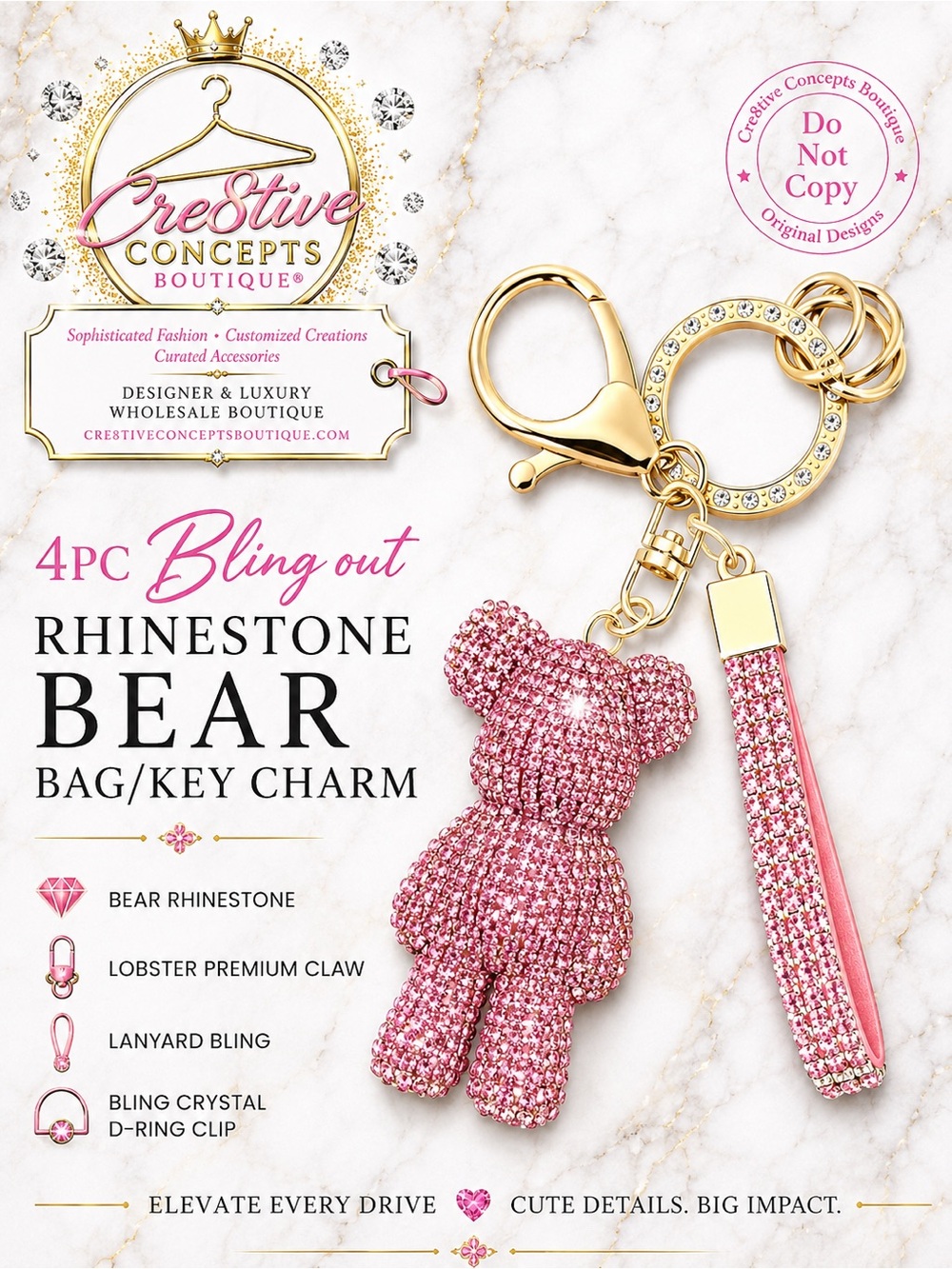 One-4PC Bling Out Rhinestone Bear Bag/Key Charm - Picture 3 of 5